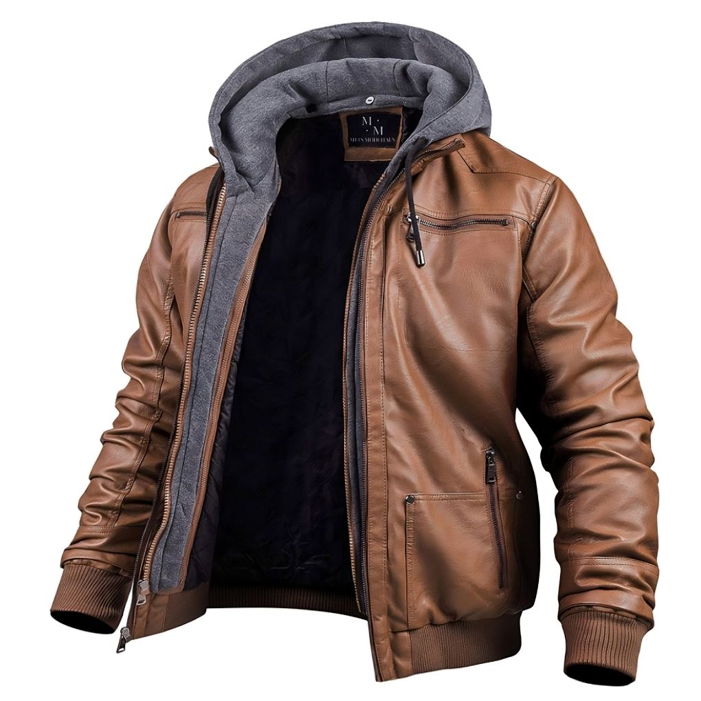 Veste homme en cuir élégante à capuche, idéale pour l'hiver. Blouson moderne offrant style urbain et protection froid.