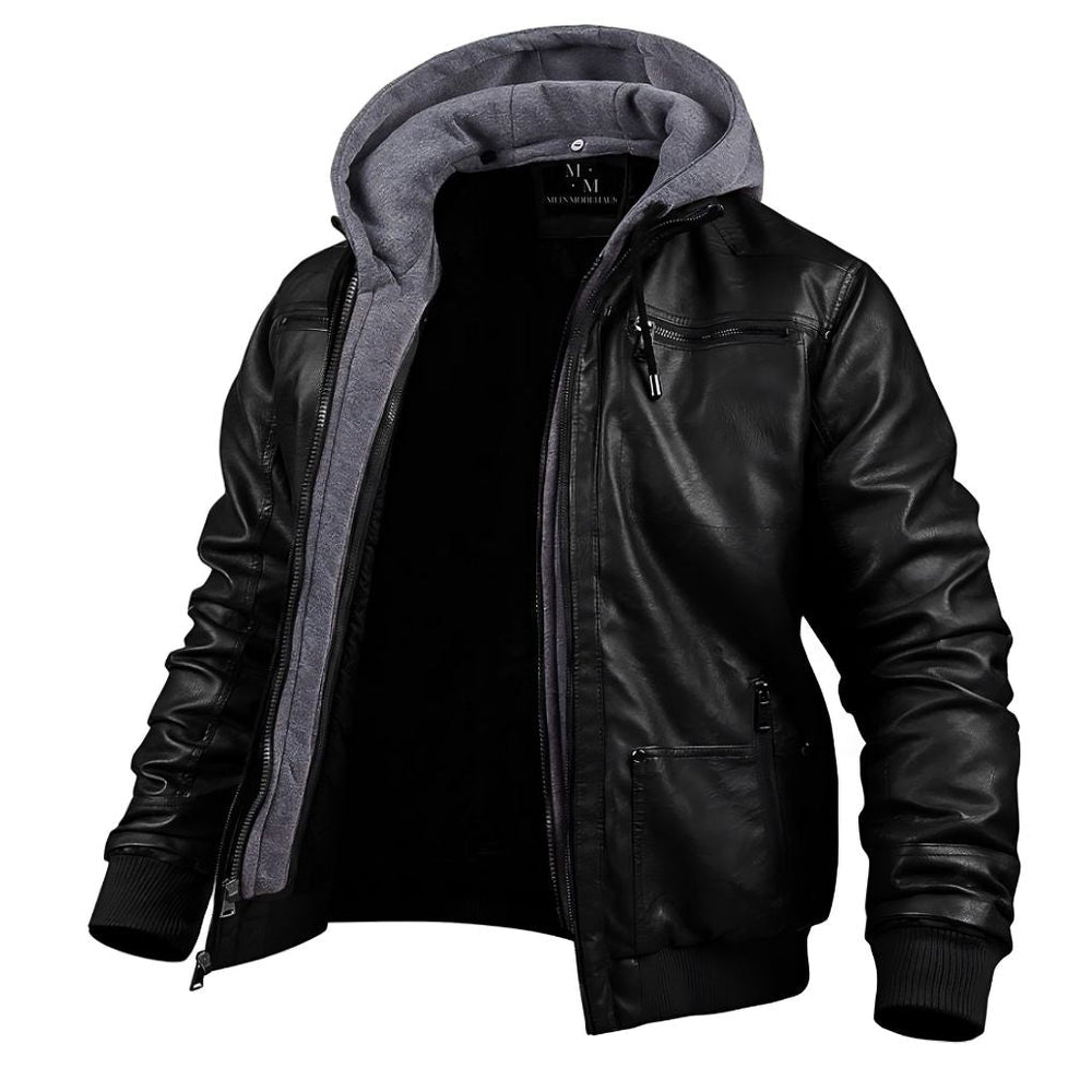 Blouson d'hiver homme en cuir noir, coupe moderne avec capuche pour un style urbain et une protection optimale contre le froid.