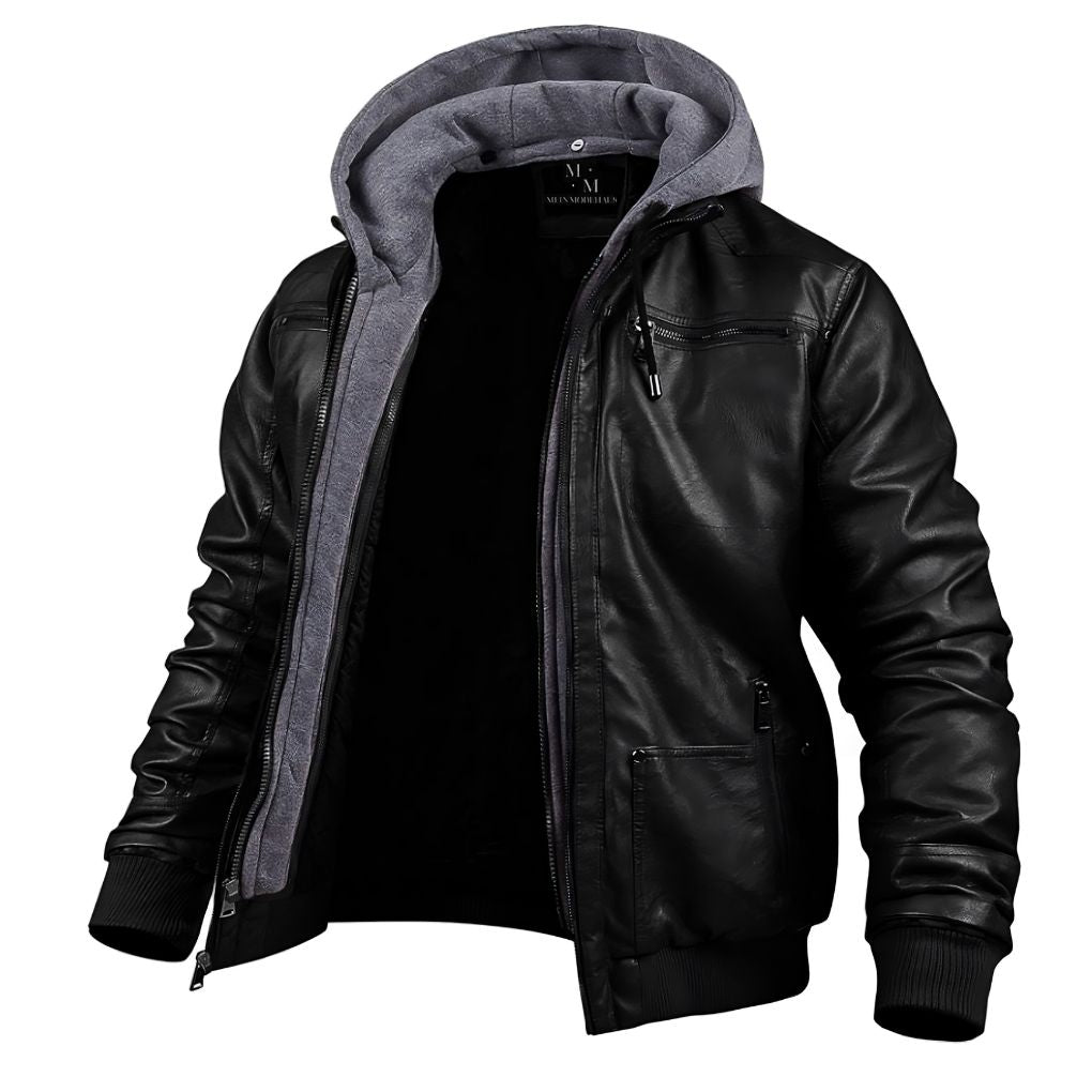 Blouson d'hiver homme en cuir noir, coupe moderne avec capuche pour un style urbain et une protection optimale contre le froid.
