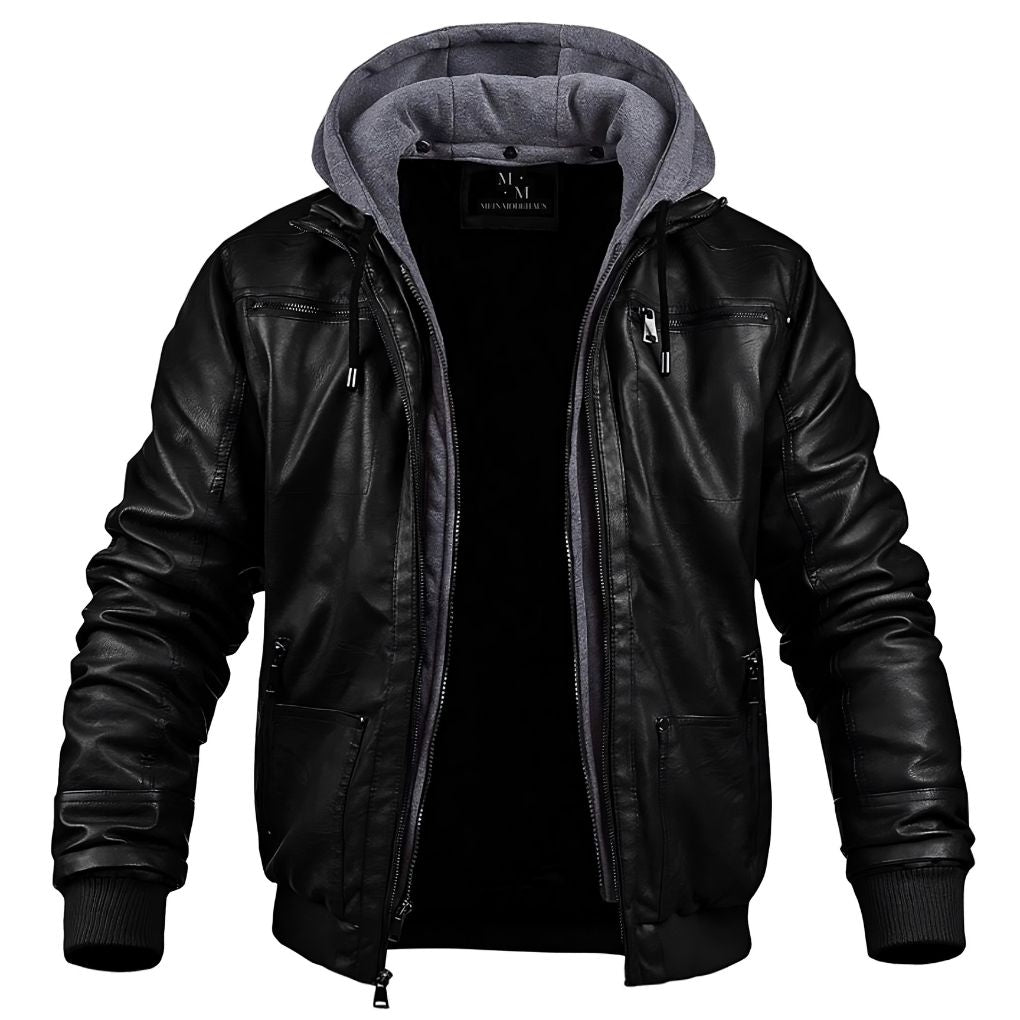 Manteau homme élégant en cuir véritable avec capuche, parfait pour l'hiver. Vêtement moderne alliant confort et chaleur.