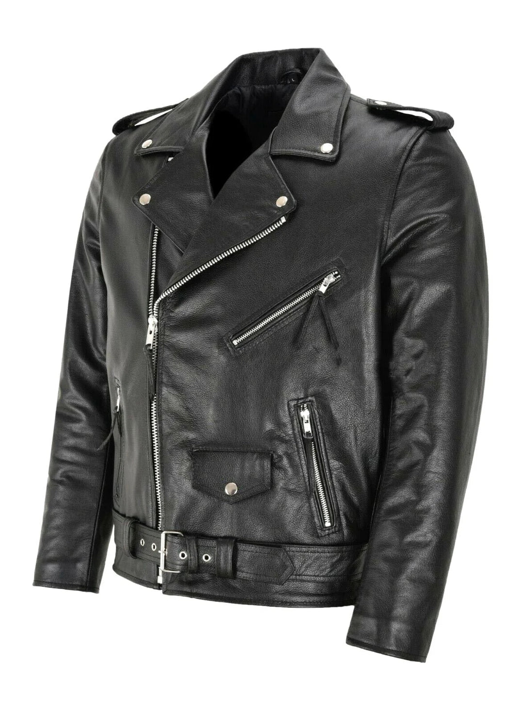 Veste homme en cuir noir et blanc. Modèle élégant et robuste, parfait pour l'hiver.
