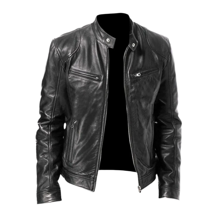 Blouson homme confortable noir, style moderne et élégant, parfait pour tenue de soirée ou décontractée.