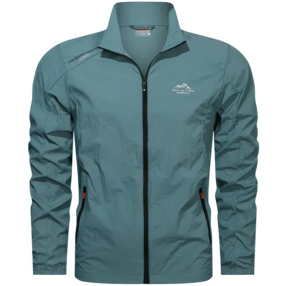 "Veste homme légère anti-UV, coupe-vent, idéale pour l'été, bleu, avec poches zippées, protection solaire et tissu respirant.