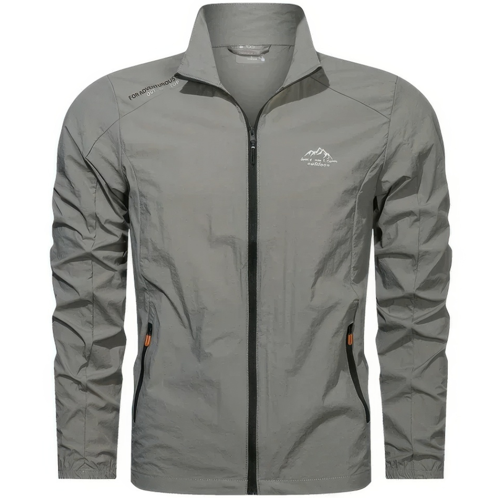 "Veste homme légère anti-UV, coupe-vent, idéale pour l'été, bleu, avec poches zippées, protection solaire et tissu respirant.
