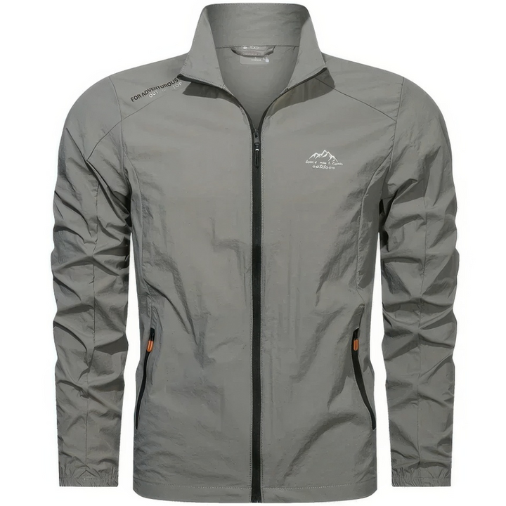 "Veste homme légère anti-UV, coupe-vent, idéale pour l'été, bleu, avec poches zippées, protection solaire et tissu respirant.