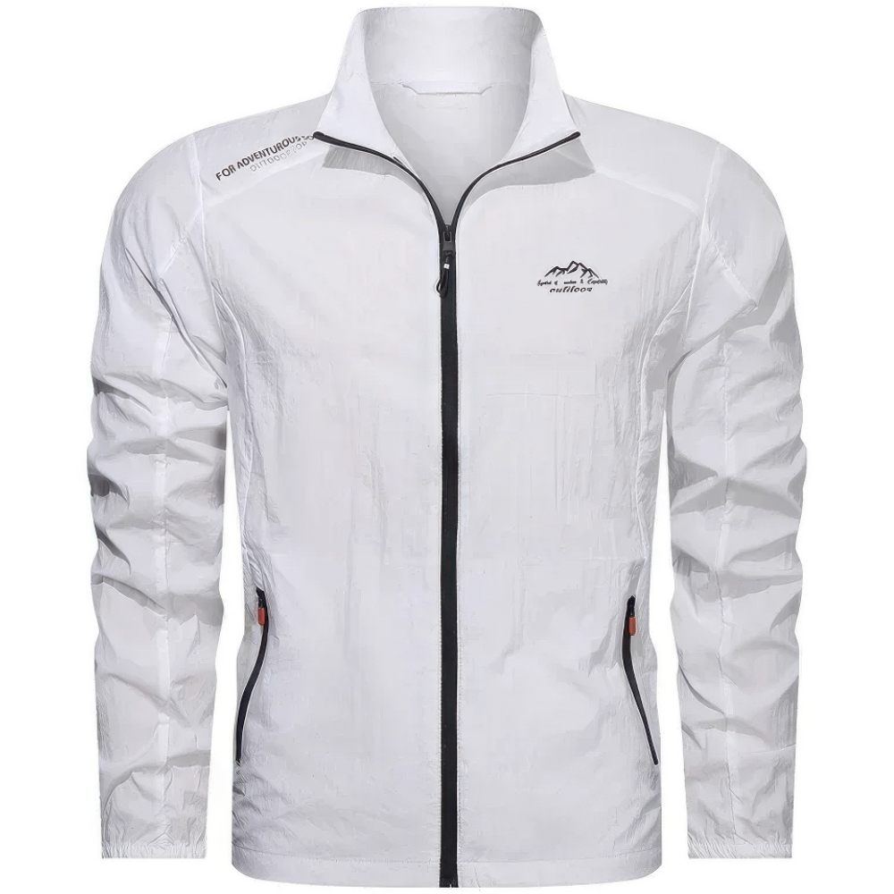 "Veste homme légère anti-UV, coupe-vent, idéale pour l'été, bleu, avec poches zippées, protection solaire et tissu respirant.