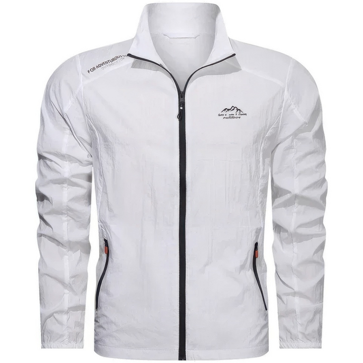 "Veste homme légère anti-UV, coupe-vent, idéale pour l'été, bleu, avec poches zippées, protection solaire et tissu respirant.