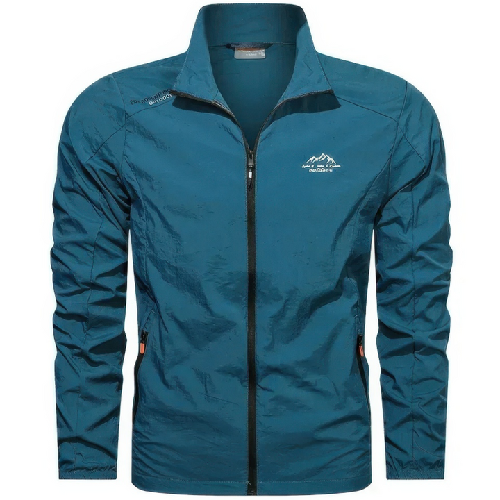 "Veste homme légère anti-UV, coupe-vent, idéale pour l'été, bleu, avec poches zippées, protection solaire et tissu respirant.