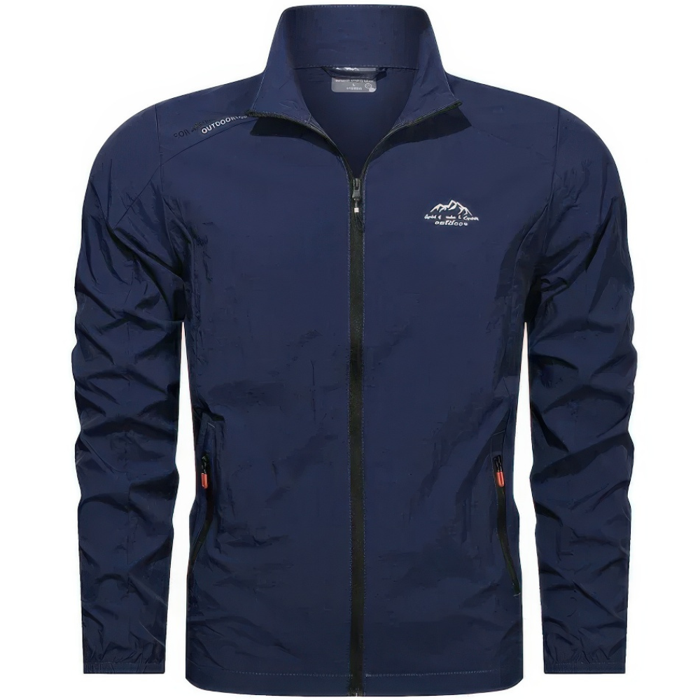 "Veste homme légère anti-UV, coupe-vent, idéale pour l'été, bleu, avec poches zippées, protection solaire et tissu respirant.