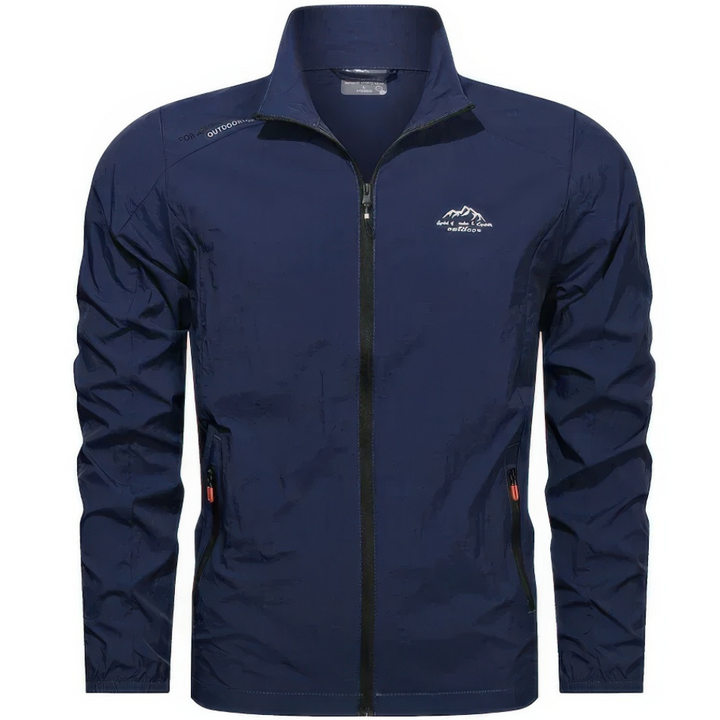 "Veste homme légère anti-UV, coupe-vent, idéale pour l'été, bleu, avec poches zippées, protection solaire et tissu respirant.