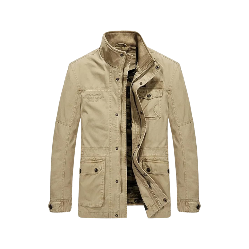 Veste homme multipoches beige, casual et fonctionnelle, avec fermeture zippée et poches, idéale pour mi-saison.