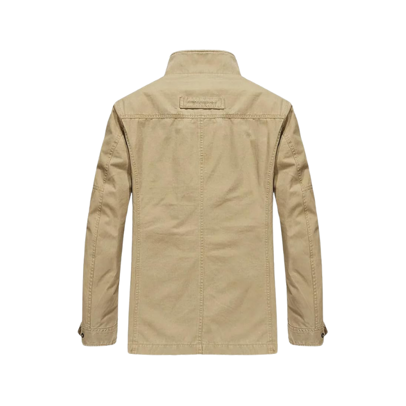 Veste homme multipoches beige, casual et fonctionnelle, avec fermeture zippée et poches, idéale pour mi-saison.
