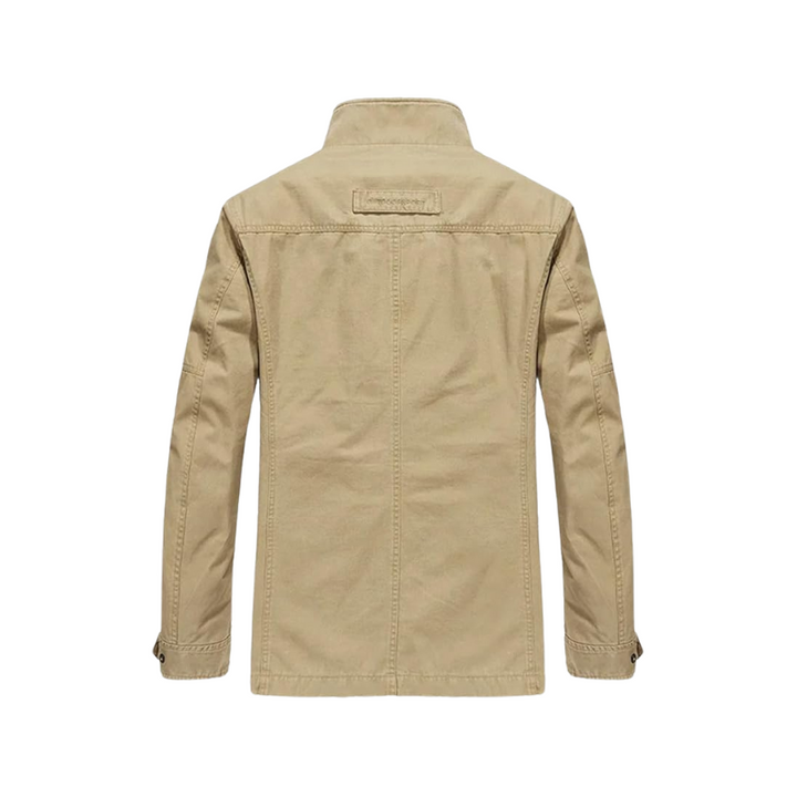 Veste homme multipoches beige, casual et fonctionnelle, avec fermeture zippée et poches, idéale pour mi-saison.