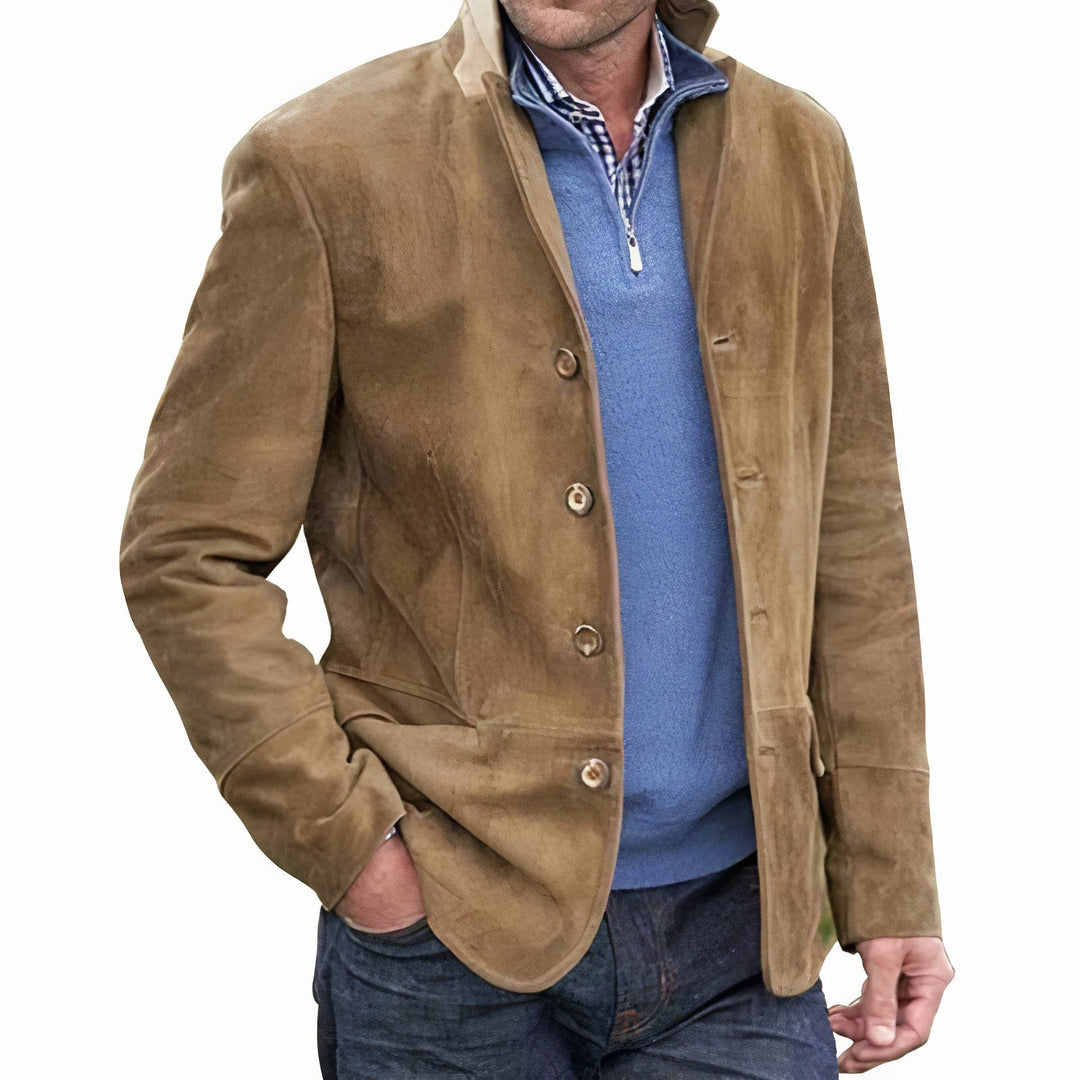 "Veste homme vintage élégante, manches longues, col rabattu, couleurs variées: bleu, kaki, noir, pourpre, style intemporel."