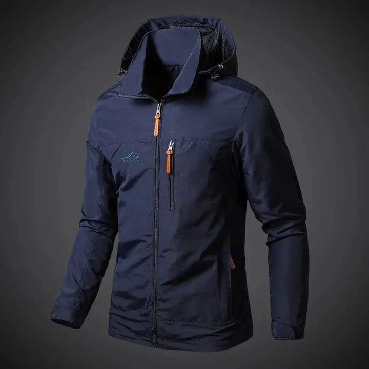 "Veste imperméable homme confortable, élégante, en vert kaki, offrant protection contre le vent et la pluie."