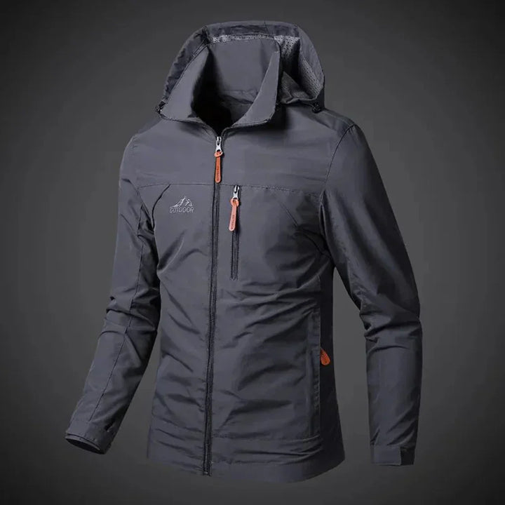 "Veste imperméable homme confortable, élégante, en vert kaki, offrant protection contre le vent et la pluie."