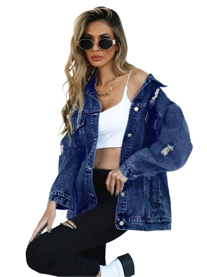Veste jean femme, coupe ample, denim décontracté, style chic.