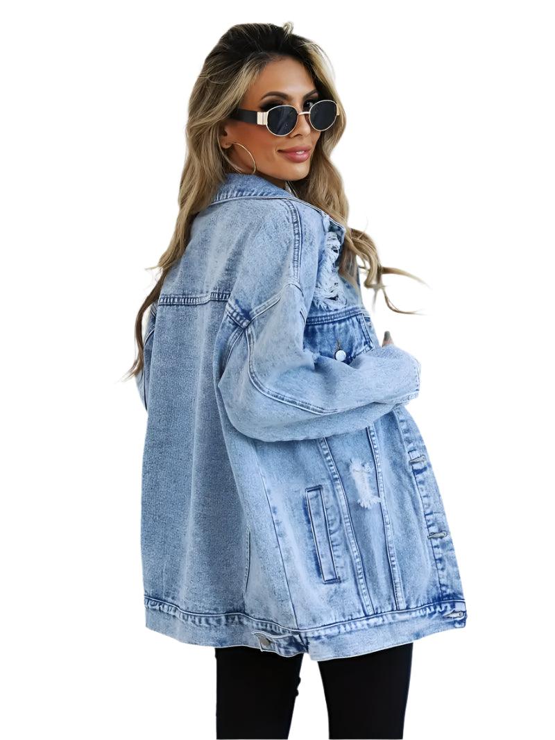 Veste jean femme, coupe ample, denim décontracté, style chic.