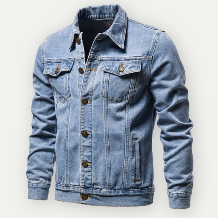 Veste jean homme, coupe classique, bleu clair.  Modèle élégant et confortable.