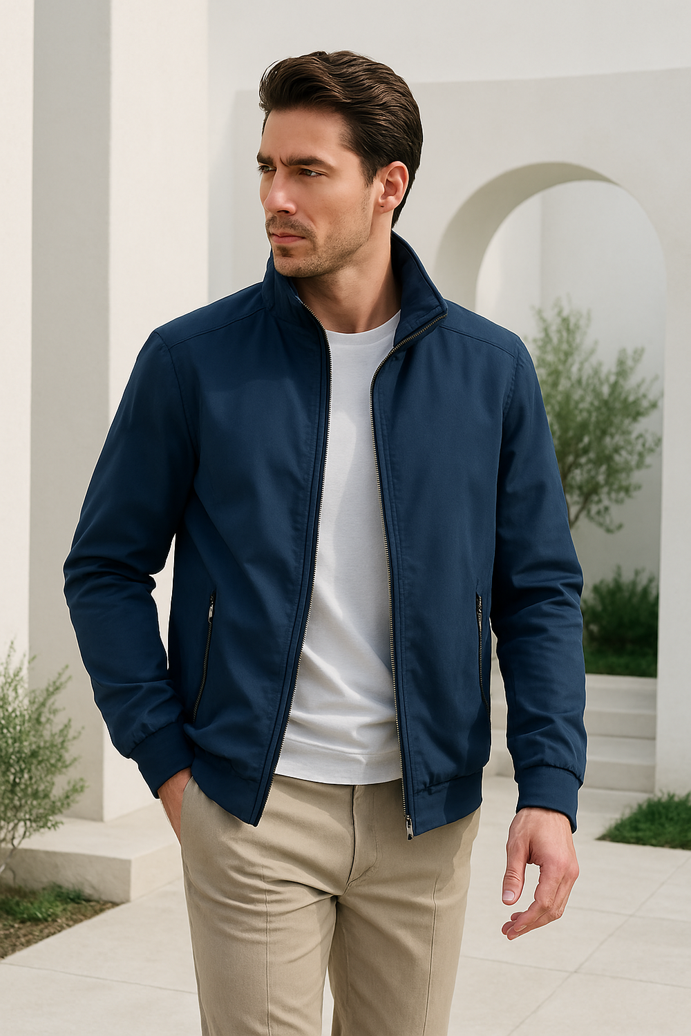 Veste légère homme été, coupe élégante et ajustée, tissu respirant bleu, idéale pour occasions casual ou semi-formelles.