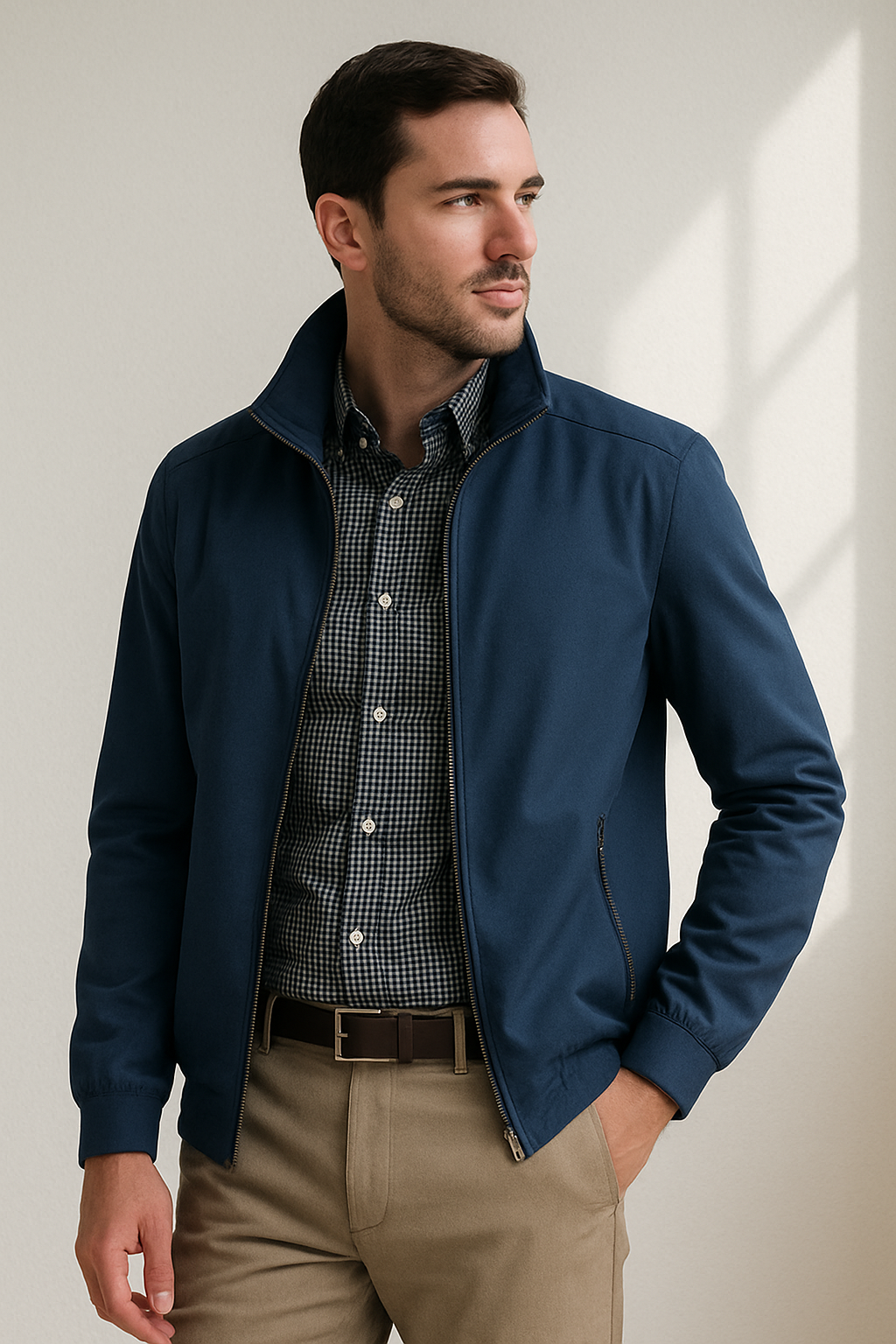 Veste légère homme été, coupe élégante et ajustée, tissu respirant bleu, idéale pour occasions casual ou semi-formelles.