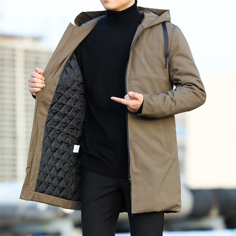 Veste longue homme hiver imperméable, chaude, avec capuche ajustable. Manteau élégant coupe-vent pour grand froid.
