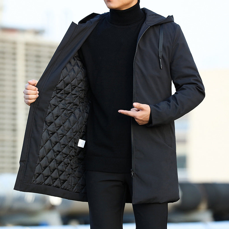 Manteau homme hiver long, imperméable et chaud, avec capuche. Veste élégante coupe-vent pour protection optimale.