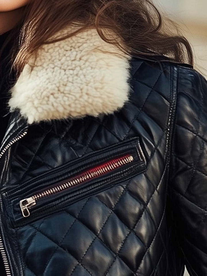 Veste chic matelassée femme style rétro en cuir, idéale pour une élégance quotidienne et tendance.
