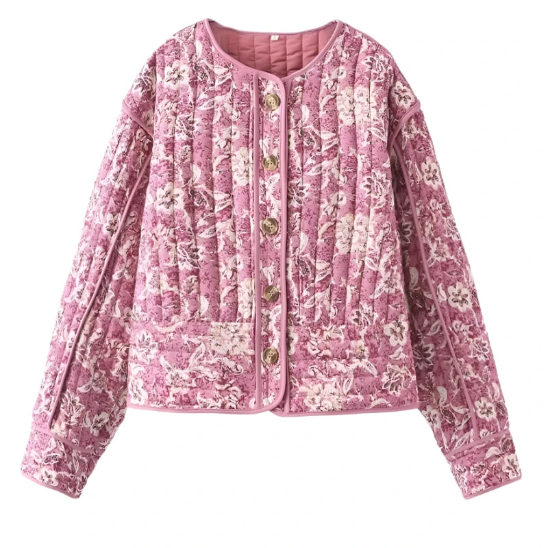 Veste matelassée femme, imprimé floral bohème, coupe ample et confortable. Idéale pour l'automne.