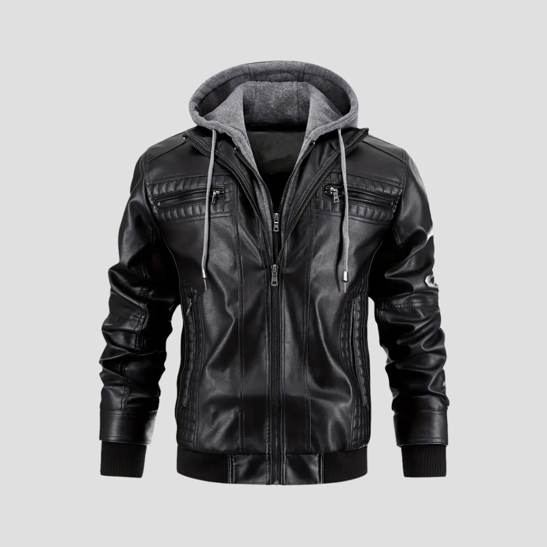 "Veste motard à capuche René, similicuir noir, coupe ajustée, protection intempéries, style urbain moderne."