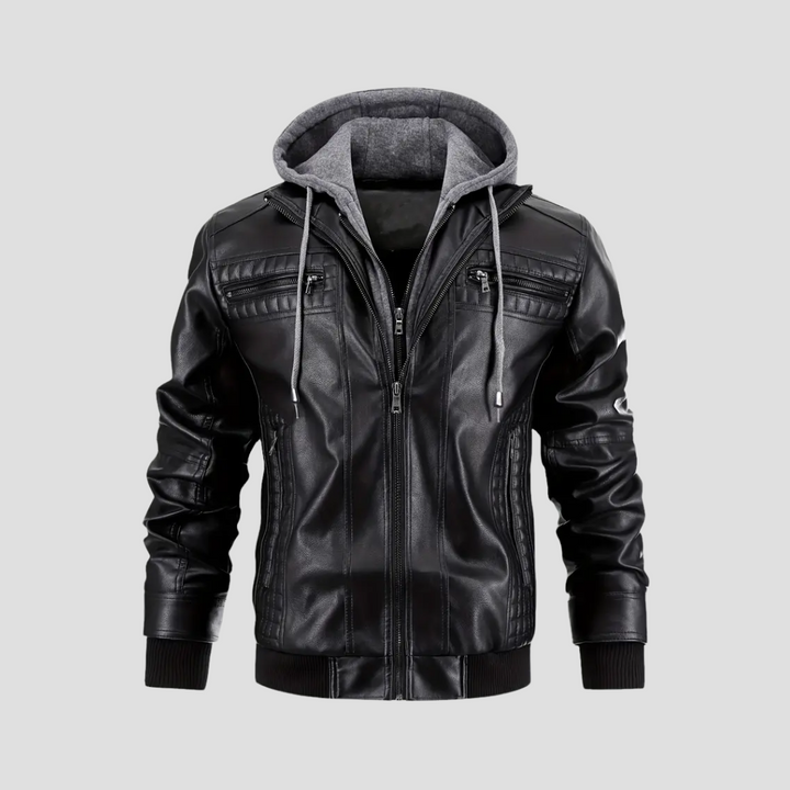"Veste motard à capuche René, similicuir noir, coupe ajustée, protection intempéries, style urbain moderne."