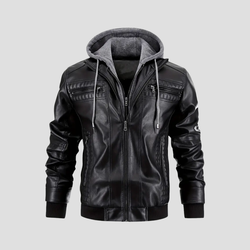 "Veste motard à capuche René, similicuir noir, coupe ajustée, protection intempéries, style urbain moderne."