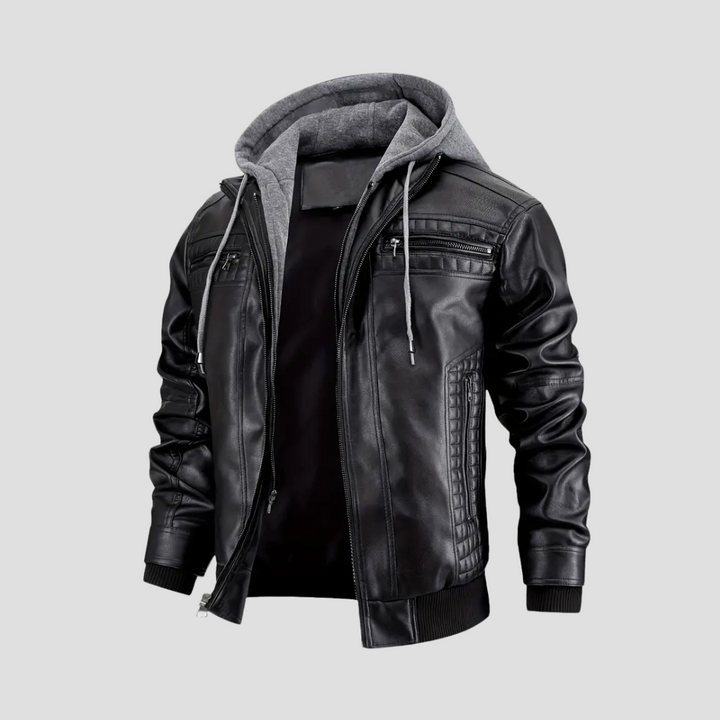 "Veste motard à capuche René, similicuir noir, coupe ajustée, protection intempéries, style urbain moderne."