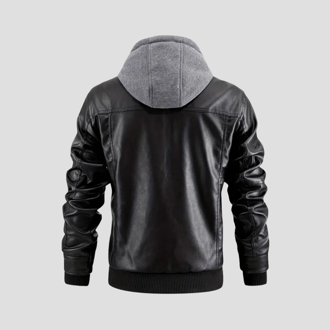 "Veste motard à capuche René, similicuir noir, coupe ajustée, protection intempéries, style urbain moderne."
