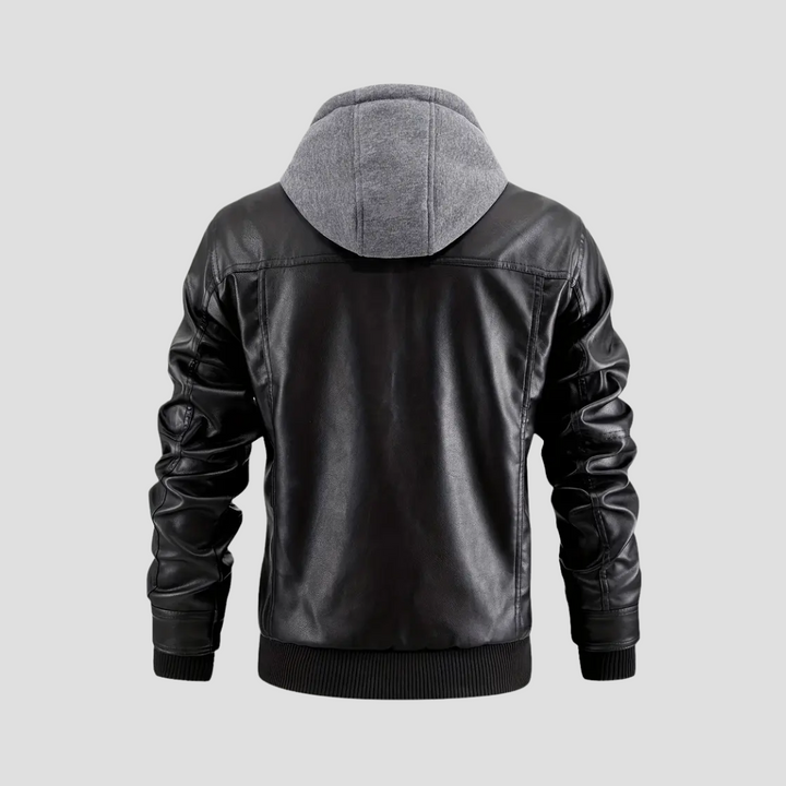 "Veste motard à capuche René, similicuir noir, coupe ajustée, protection intempéries, style urbain moderne."