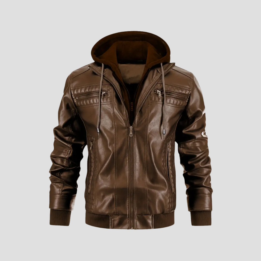 "Veste motard à capuche René, similicuir noir, coupe ajustée, protection intempéries, style urbain moderne."