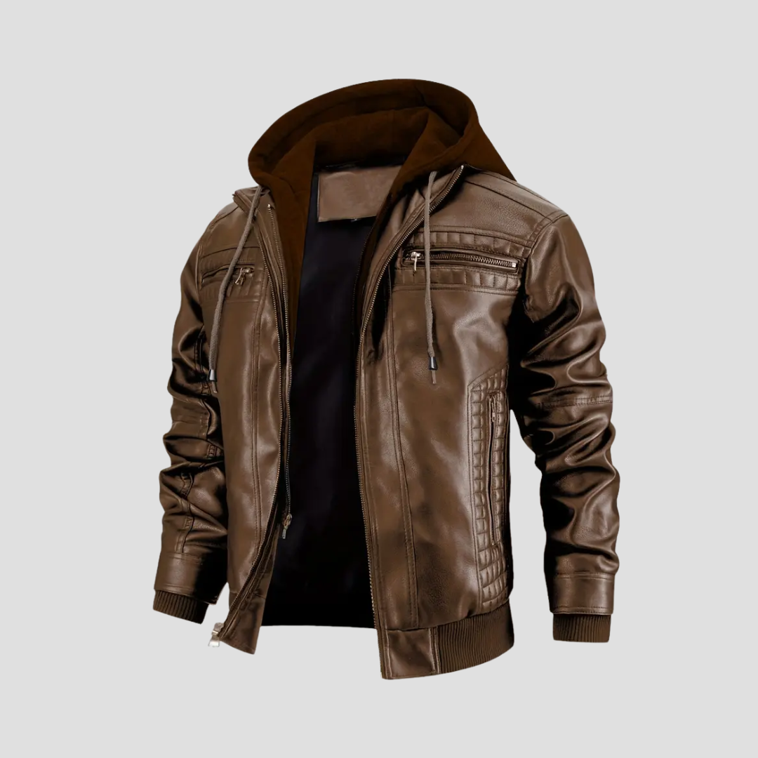 "Veste motard à capuche René, similicuir noir, coupe ajustée, protection intempéries, style urbain moderne."