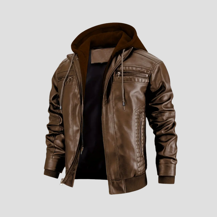 "Veste motard à capuche René, similicuir noir, coupe ajustée, protection intempéries, style urbain moderne."