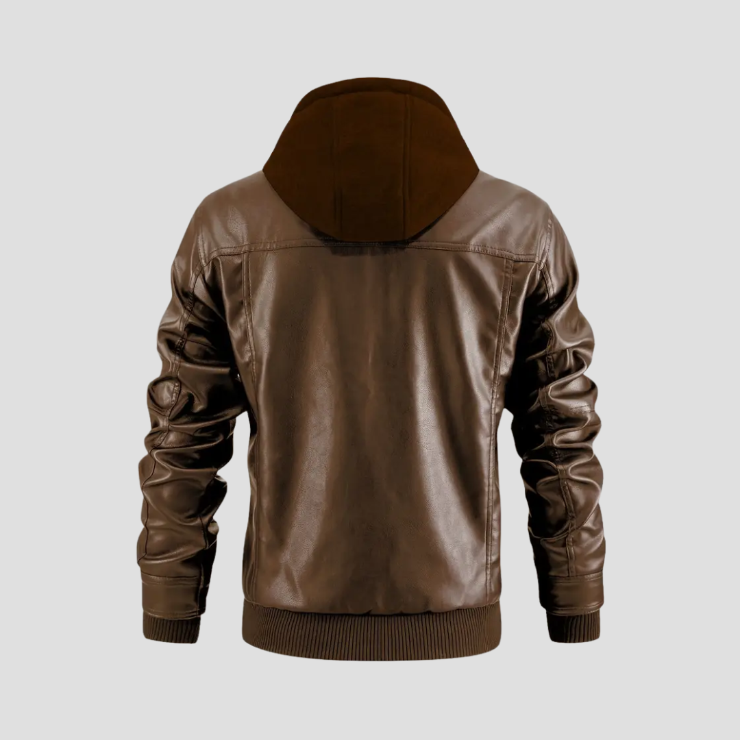 "Veste motard à capuche René, similicuir noir, coupe ajustée, protection intempéries, style urbain moderne."