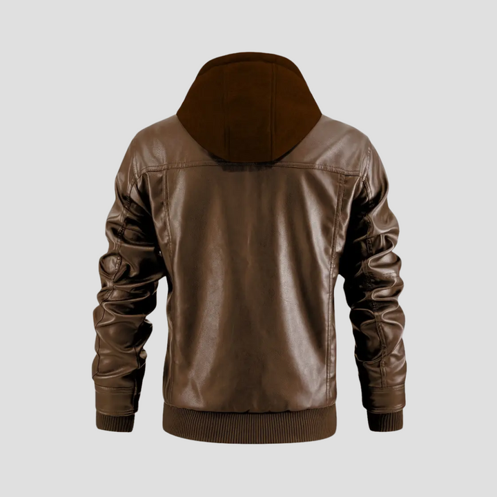 "Veste motard à capuche René, similicuir noir, coupe ajustée, protection intempéries, style urbain moderne."