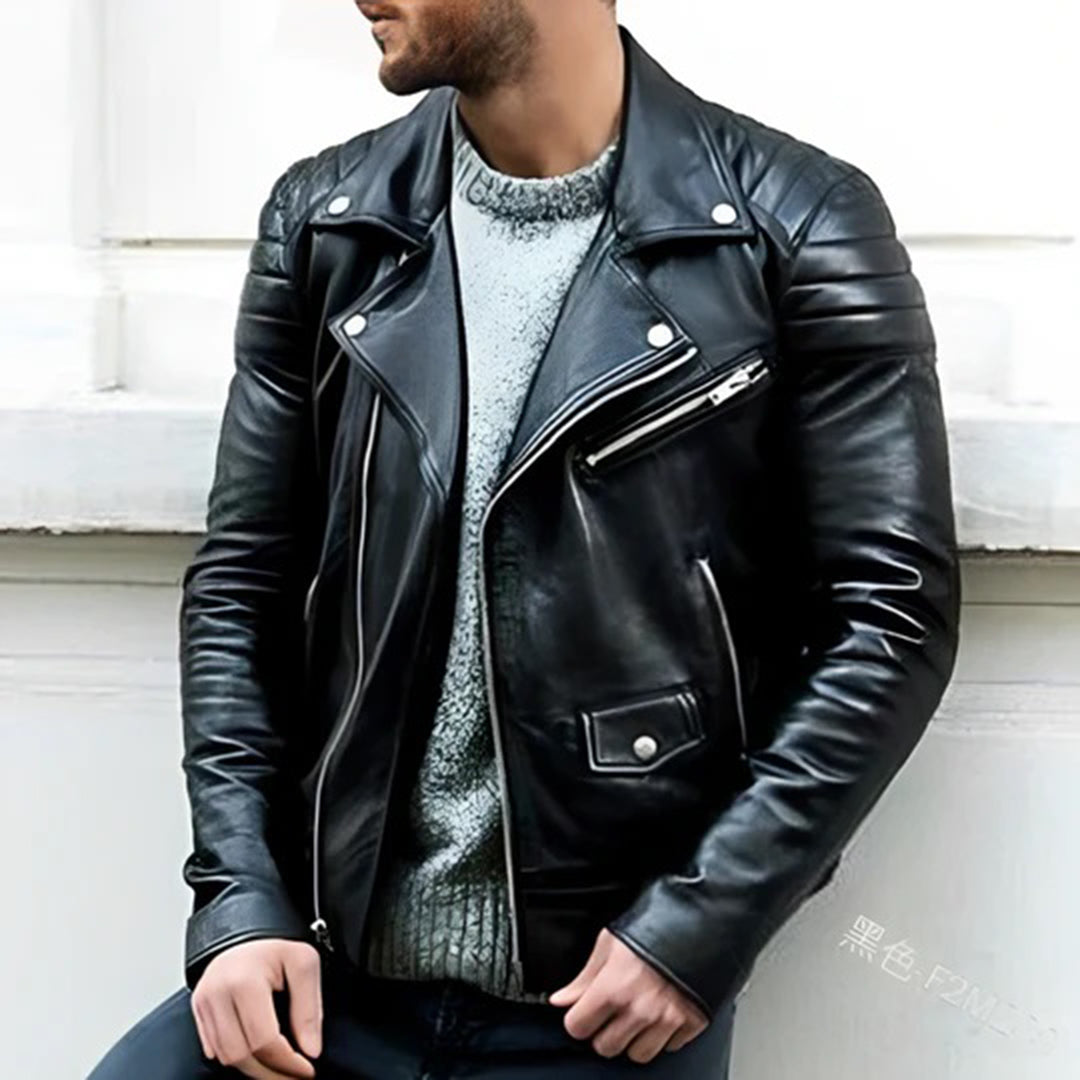 Veste motard homme, cuir synthétique, style classique, coupe ajustée.  Confort et résistance.