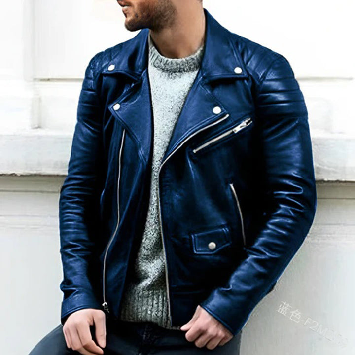 Veste motard homme, cuir synthétique, style classique, coupe ajustée.  Confort et résistance.