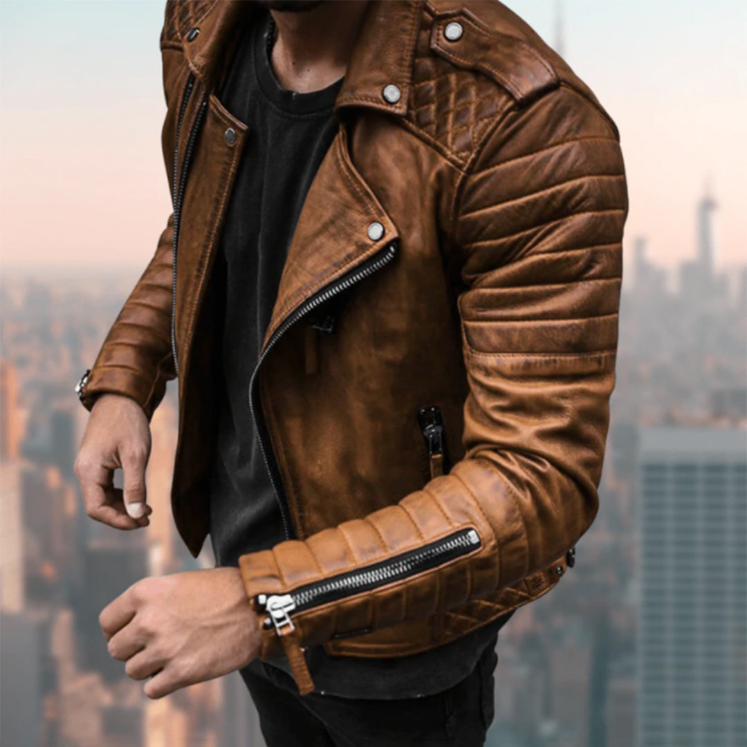 Veste motard homme, cuir synthétique, style classique, coupe ajustée.  Confort et résistance.