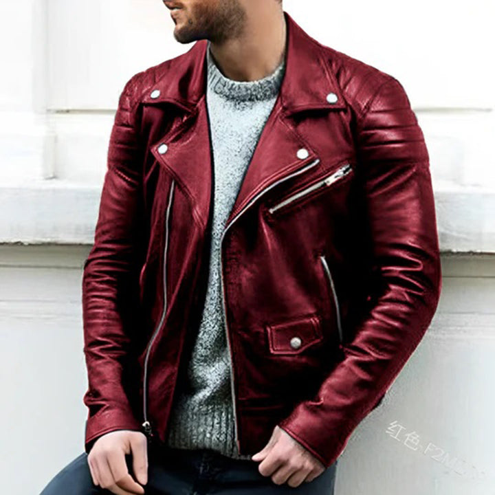 Veste motard homme, cuir synthétique, style classique, coupe ajustée.  Confort et résistance.