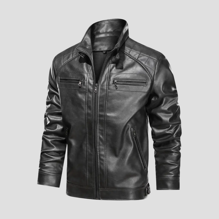 "Veste motard rétro pour homme en similicuir noir avec col montant et poches zippées, élégante et ajustée."