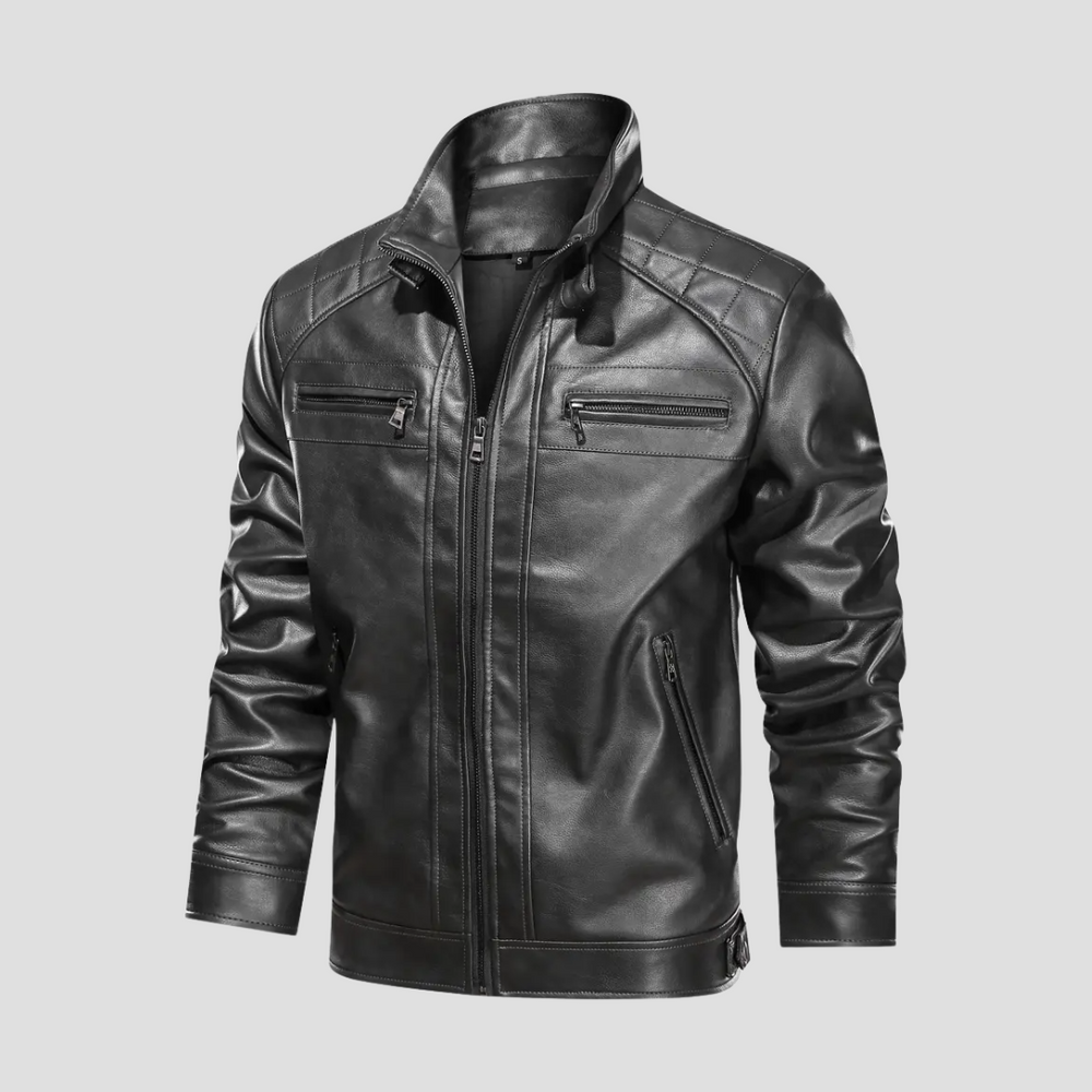 "Veste motard rétro pour homme en similicuir noir avec col montant et poches zippées, élégante et ajustée."