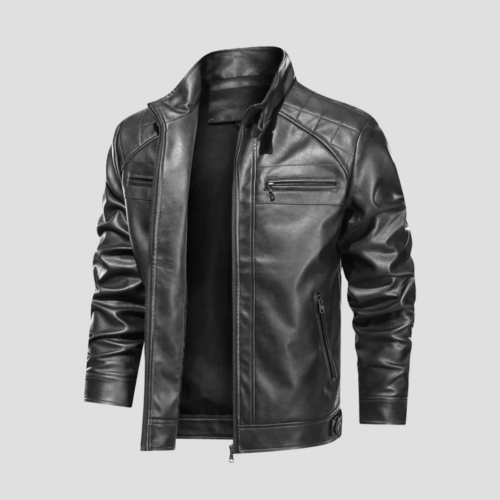 "Veste motard rétro pour homme en similicuir noir avec col montant et poches zippées, élégante et ajustée."