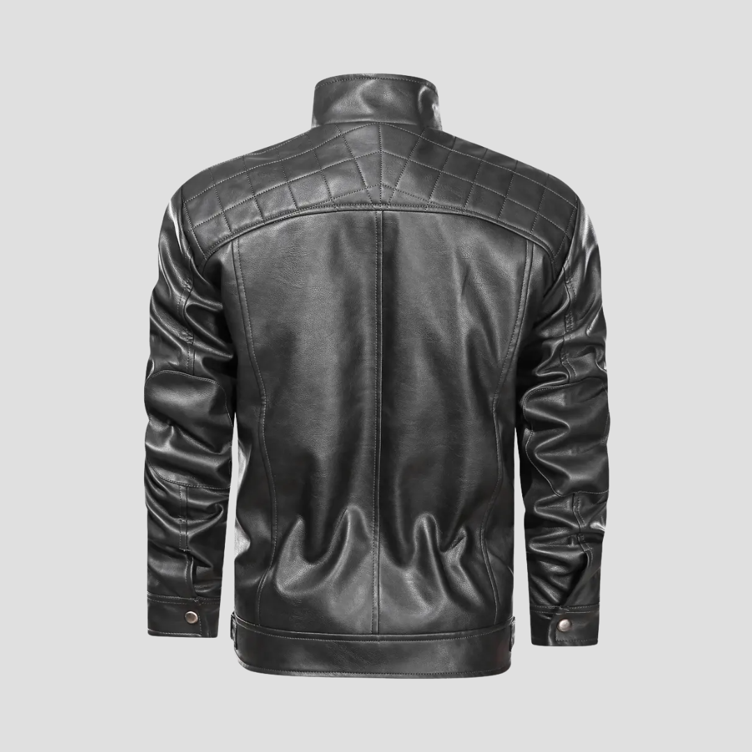 "Veste motard rétro pour homme en similicuir noir avec col montant et poches zippées, élégante et ajustée."