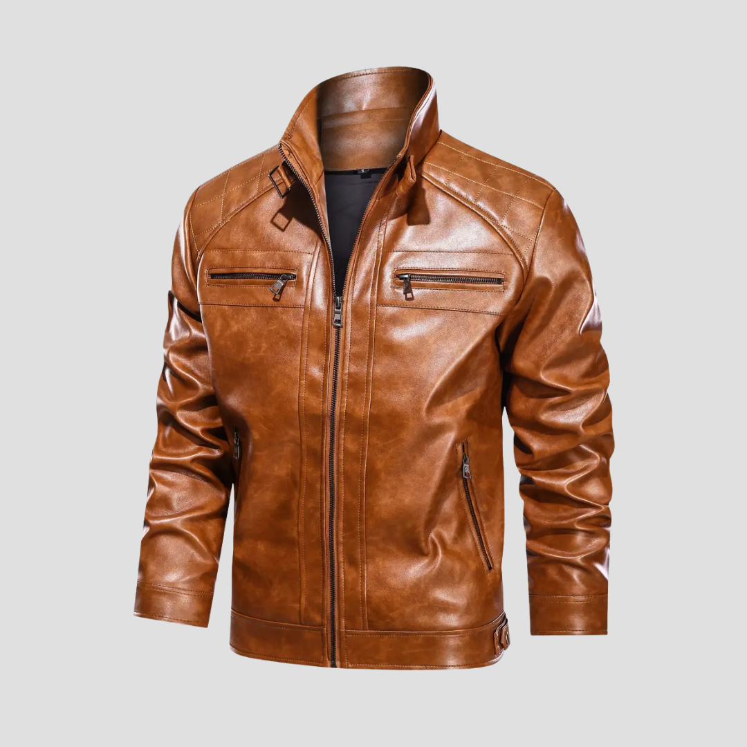 "Veste motard rétro pour homme en similicuir noir avec col montant et poches zippées, élégante et ajustée."