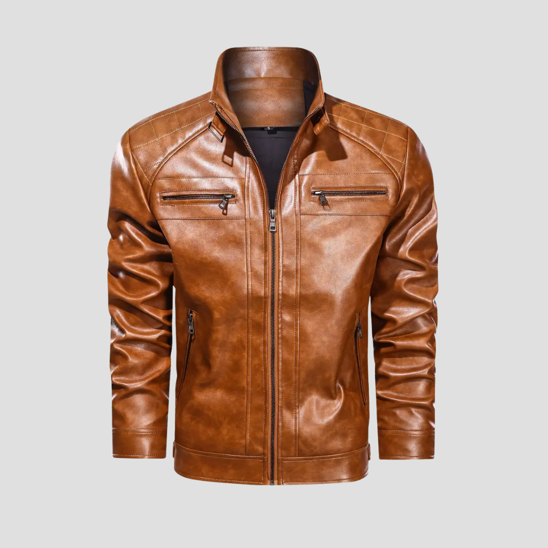 "Veste motard rétro pour homme en similicuir noir avec col montant et poches zippées, élégante et ajustée."